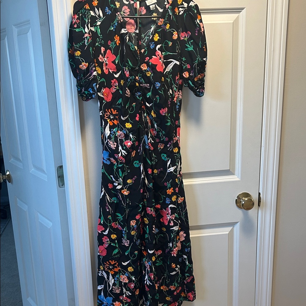 a new day Black Floral Midi Dress with Puff Sleeves